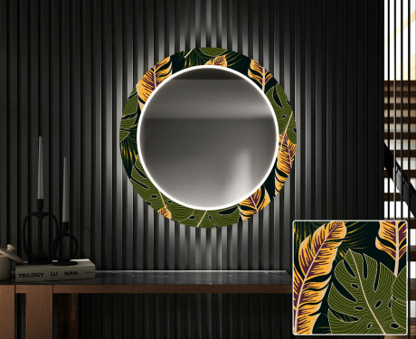 Rundt designer spejl med lys til entre - Botanical flowers