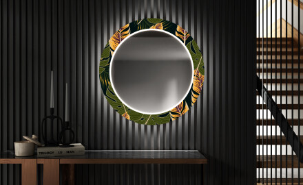 Rundt designer spejl med lys til entre - Botanical flowers
