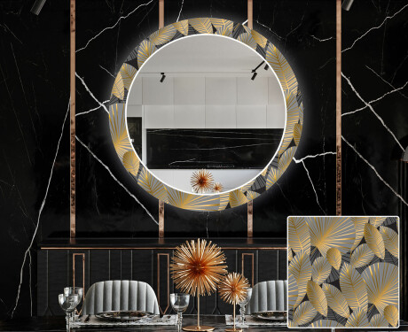 Dekorations spejl rundt spisebord med LED - Golden leaves #1