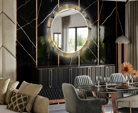 Dekorations spejl rundt spisebord med LED - Golden leaves #2