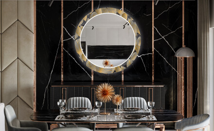 Rundt dekorativt spejl med LED baggrundsbelysning til spisestuen - golden leaves