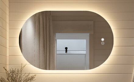 Oplyst badeværelsesspejl, tofarvet, touch‑knap, varmemåtte