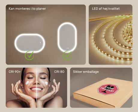 Oplyst badeværelsesspejl, tofarvet, touch‑knap, varmemåtte #6