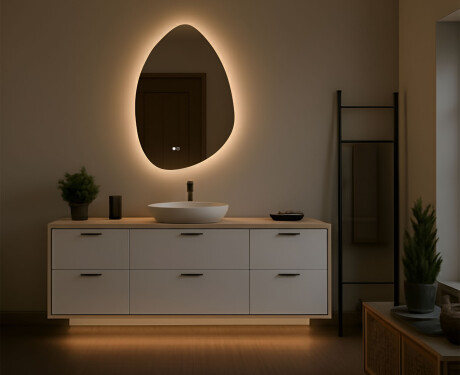 Uregelmæssigt spejl med belysning, 64×94 cm, tofarvet, touch‑knap, varmemåtte