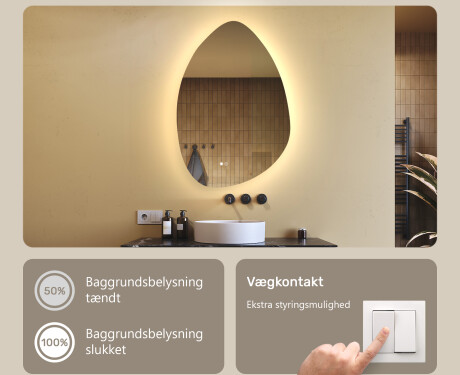 Uregelmæssigt spejl med belysning, 64×94 cm, tofarvet, touch‑knap, varmemåtte #4