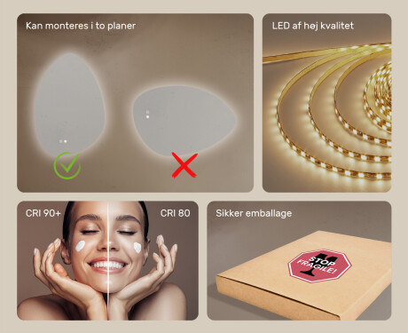 Uregelmæssigt spejl med belysning, 64×94 cm, tofarvet, touch‑knap, varmemåtte #6