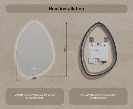 Uregelmæssigt spejl med belysning, 64×94 cm, tofarvet, touch‑knap, varmemåtte #8