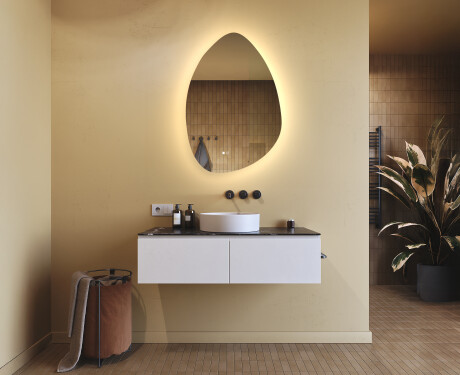 Uregelmæssigt spejl med belysning, 64×94 cm, tofarvet, touch‑knap, varmemåtte #9