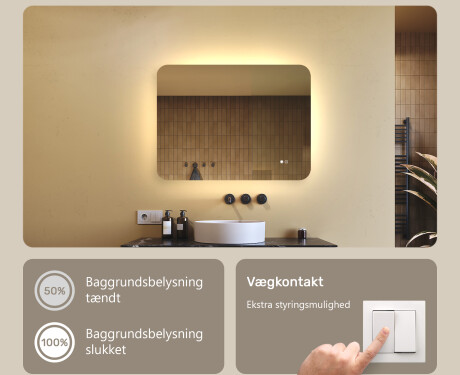 Afrundet badeværelsesspejl med LED-belysning, tofarvet, touch‑knap, varmemåtte #4