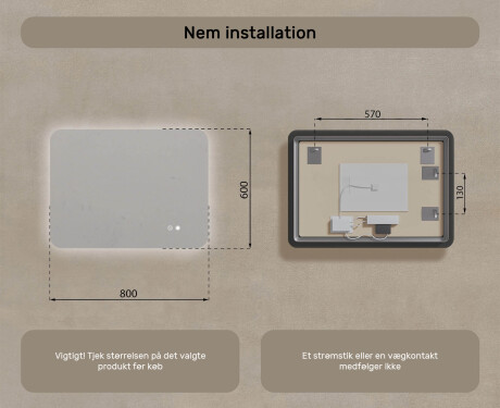 Afrundet badeværelsesspejl med LED-belysning, tofarvet, touch‑knap, varmemåtte #8